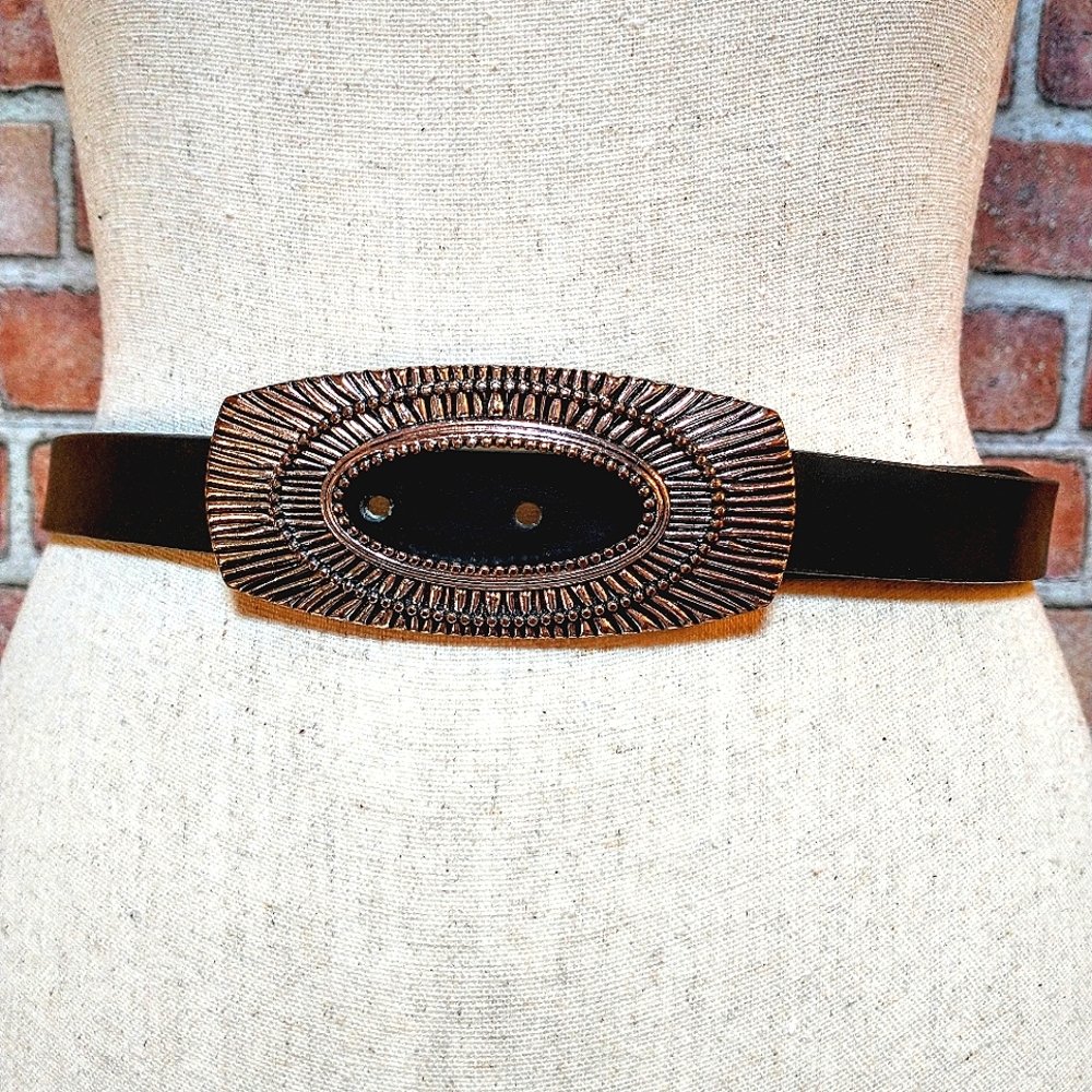 Chico's Black Leather Belt With Decorative Silver Color Metal Hook Buckle